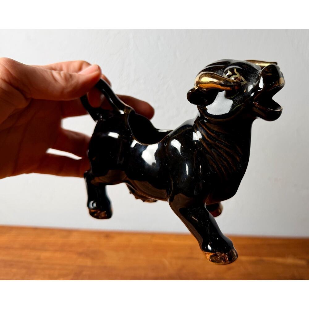 Vintage 1950s Black Bull Creamer | Gold Accents, Mid-Century Ceramic Pitcher - Picture 7 of 15